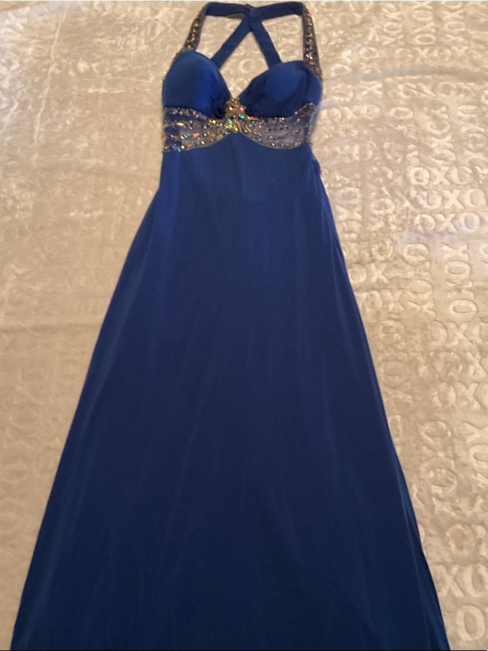 Tony Bowls Royal Blue Beaded Halter Evening Gown